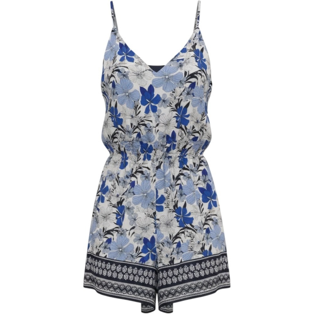 Womens Blue Floral Print V-Neck Sleeveless Elastic Waist Boho Romper Sunsuit
